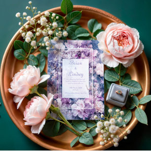 Invitation Mariage hivernal floral lilas lavande bleu marbre