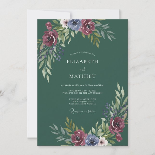 Invitation Mariage hivernal forestier vert sombre (Devant)