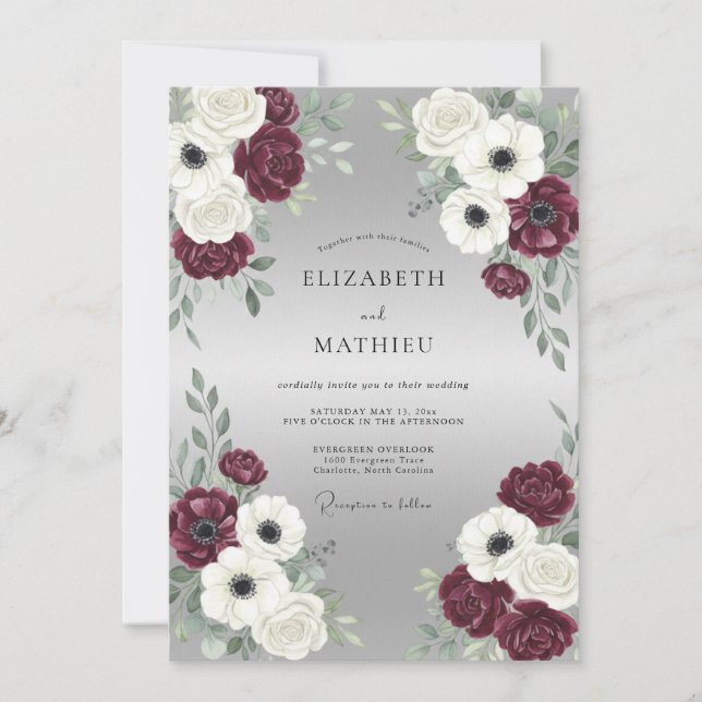 Invitation Mariage hivernal luisant bordeaux (Devant)