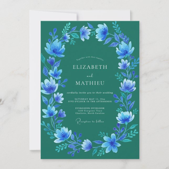 Invitation Mariage hivernal orné de sarcelle (Devant)