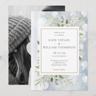 Invitation Mariage hivernal Photo Feuillage Verdure Flocons d