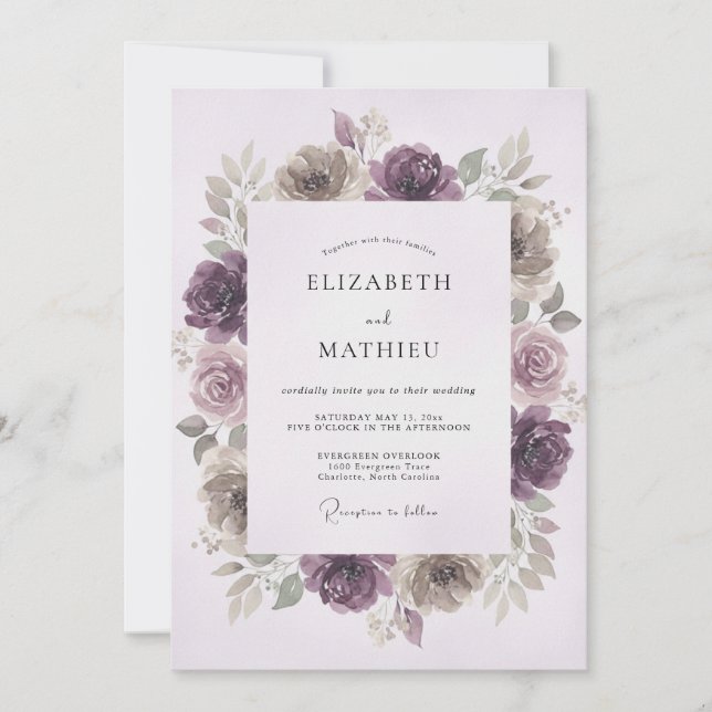 Invitation Mariage hivernal poétique prune (Devant)