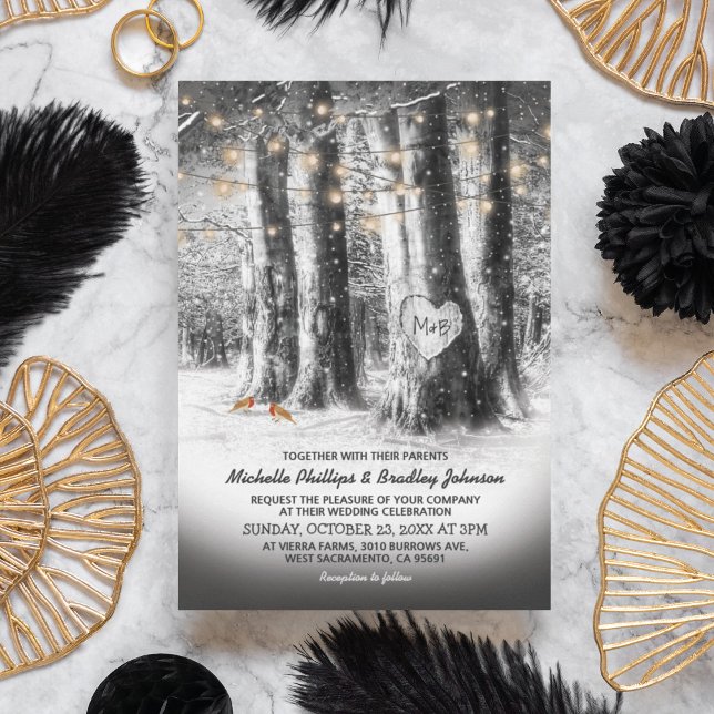 Invitation Mariage hivernal rustique avec arbre et guirlandes (Créateur téléchargé)