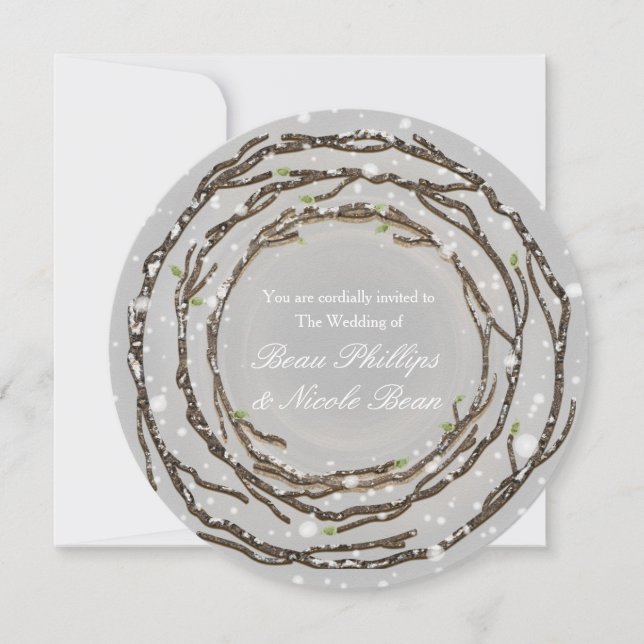 Invitation Mariage hivernal rustique Branches & Neige de camp (Devant)