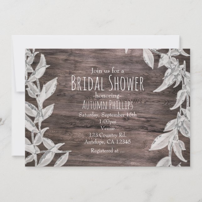 Invitation Mariage Hivernal Rustique Feuilles Blanches et Arg (Devant)
