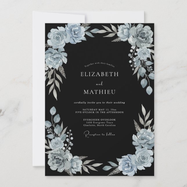 Invitation Mariage hivernal séraphique bleu acier (Devant)