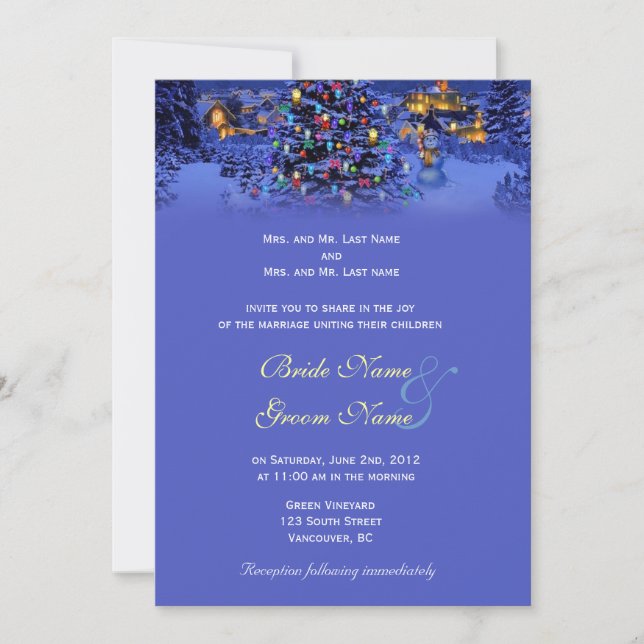 Invitation Mariage hivernal sous la neige avec un sapin de No (Devant)