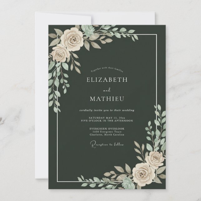 Invitation Mariage hivernal vert foncé immaculé (Devant)