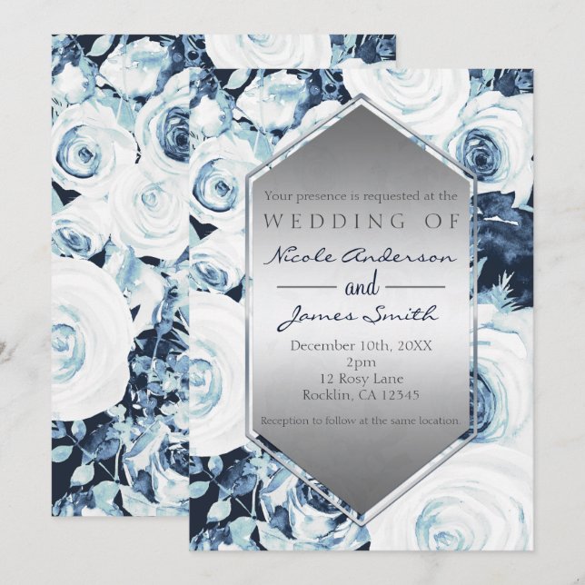Invitation Mariage hivernal vintage bleu blanc argent Roses (Devant / Derrière)
