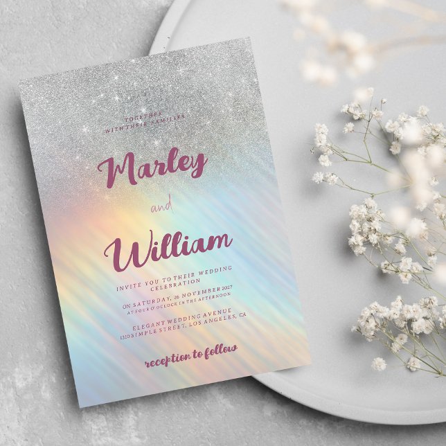 Invitation Mariage holographique à parties scintillant arc-en (Silver glitter rainbow holographic )