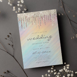 Invitation Mariage holographique arc-en-ciel avec gouttes de
