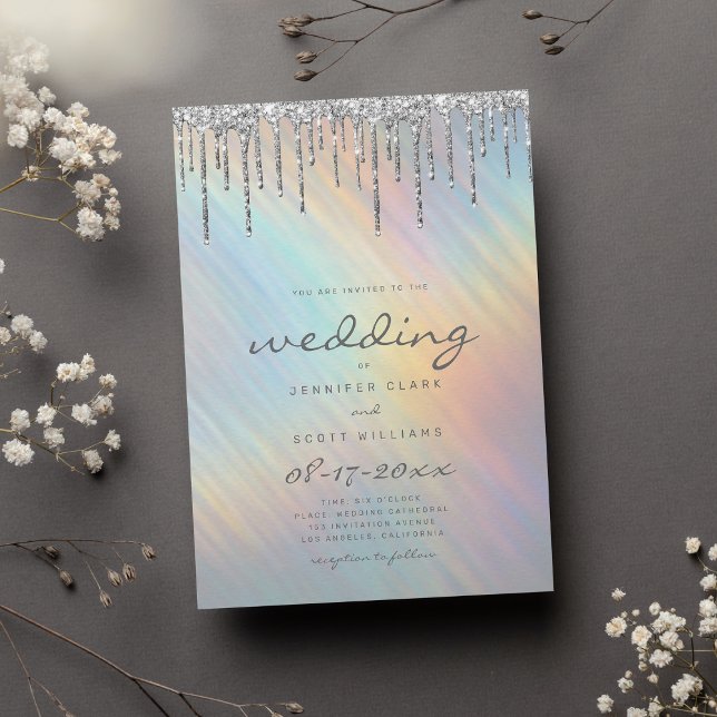 Invitation Mariage holographique arc-en-ciel avec gouttes de  (Silver Glitter Drips Rainbow Holographic Wedding Invitation )