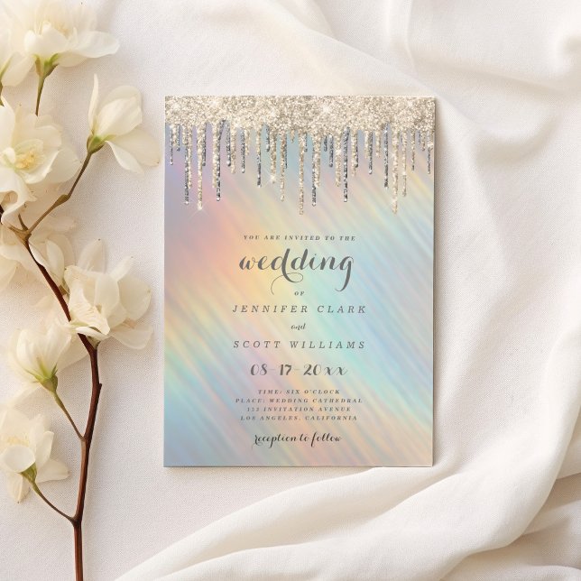 Invitation Mariage holographique arc-en-ciel avec gouttes de  (Gold Glitter Drips Rainbow Holographic Wedding )