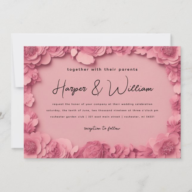 Invitation mariage horisontal en papier rose 3d (Devant)