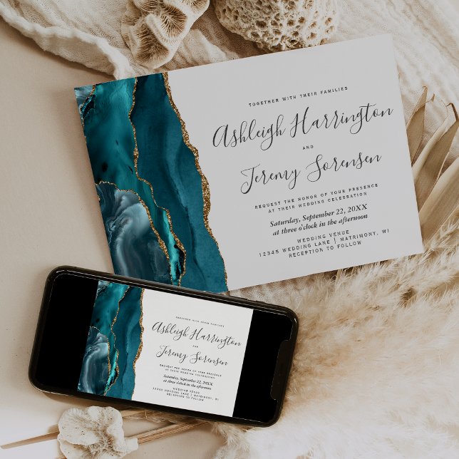 Invitation Mariage Horizontal Moderne Agate Dorée Sarcelle (Créateur téléchargé)