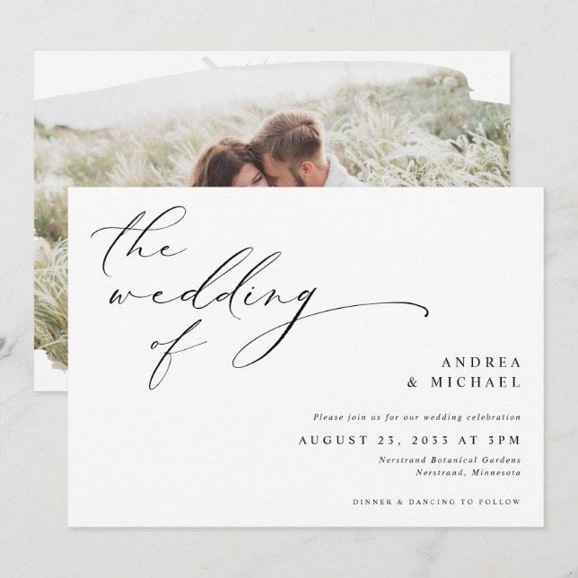 Invitation Mariage horizontal photo romantique écriture vinta (Devant / Derrière)