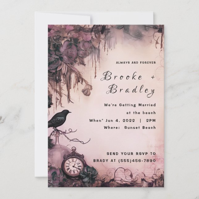Invitation Mariage Horloge Gothique Rose-Parchemin (Devant)
