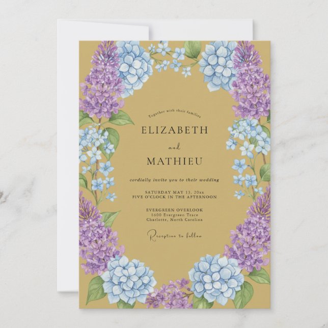 Invitation Mariage Hortensia Ocre Eucalyptus Améthyste (Devant)