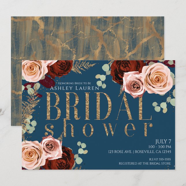 Invitation Mariage Humeur Glamour Bleu Or Rose (Devant / Derrière)