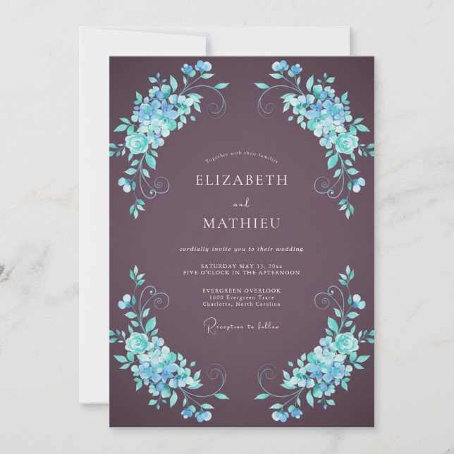 Invitation Mariage Hydrangea Aqua Mûre (Devant)