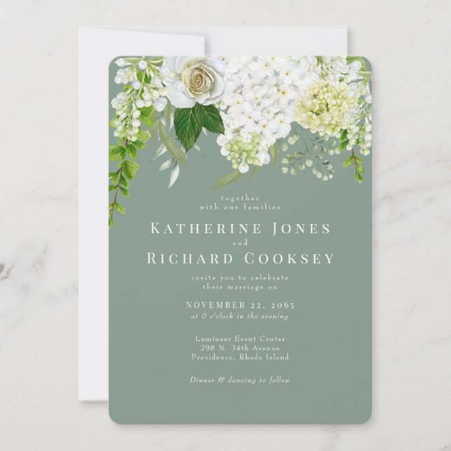 Invitation Mariage Hydrangea Blanc Sauge Arrondi (Devant)