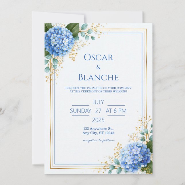 Invitation Mariage Hydrangea Bleu Bordure Feuille d'Or (Devant)