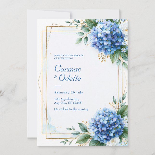 Invitation Mariage Hydrangea Bleu Cadre Or (Devant)