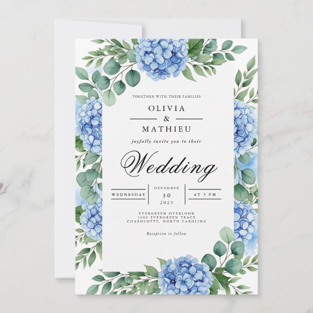 Invitation Mariage Hydrangea Bleu Céleste Lumineux (Devant)