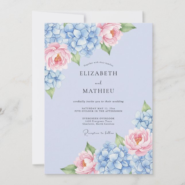 Invitation Mariage Hydrangea Bleu Poudre Romantique (Devant)