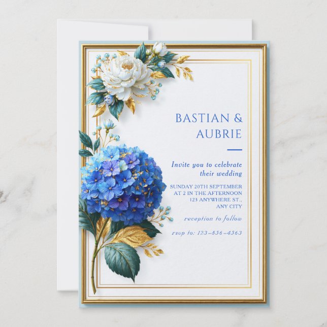 Invitation Mariage Hydrangea Bleu Royal Cadre Doré (Devant)