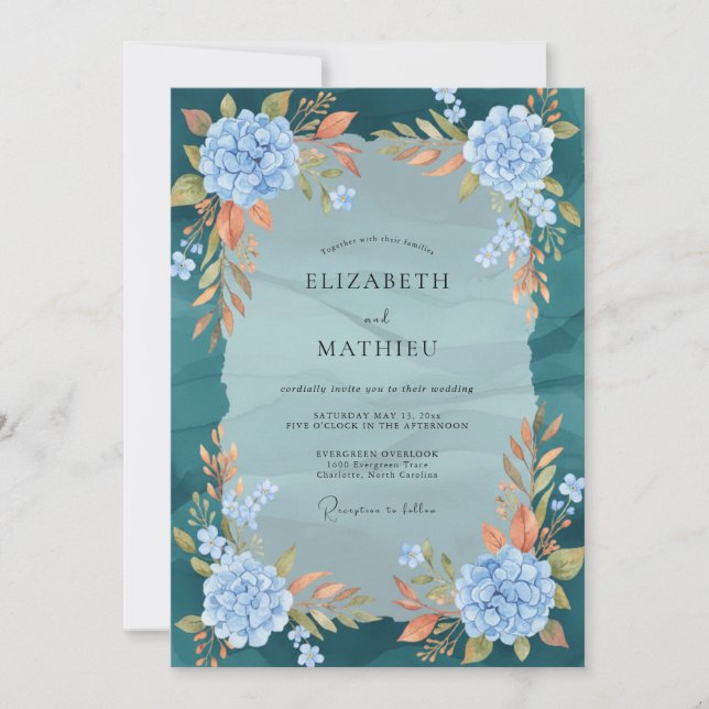 Invitation Mariage Hydrangea Bleu Turquoise Eucalyptus Terre  (Devant)