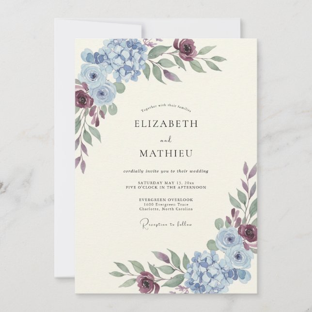 Invitation Mariage Hydrangea Bleuet Violet Eucalyptus (Devant)