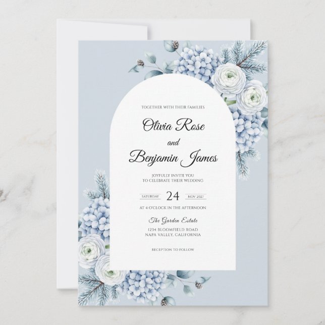 Invitation Mariage Hydrangea Eucalyptus Argent Glacé (Devant)