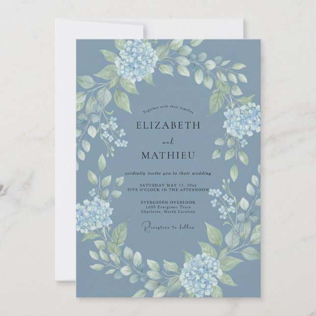 Invitation Mariage Hydrangea Eucalyptus Bleu Ardoise (Devant)
