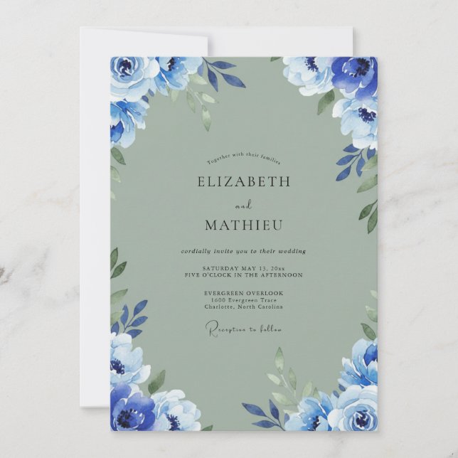 Invitation Mariage Hydrangea Eucalyptus Cobalt Olive (Devant)