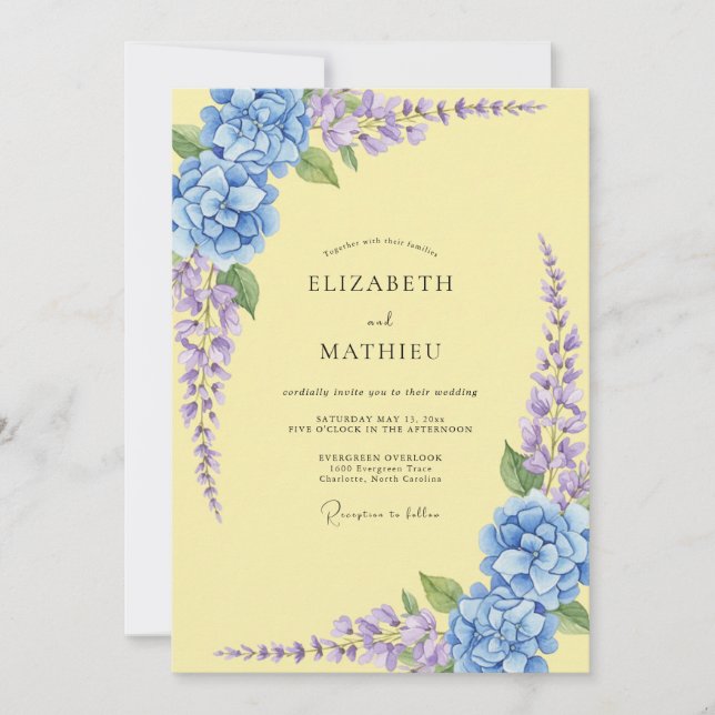 Invitation Mariage Hydrangea Eucalyptus Jaune Pâle (Devant)
