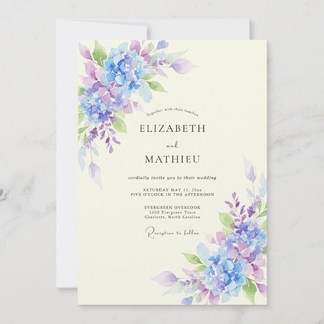 Invitation Mariage Hydrangea Eucalyptus Lavande Pérywinkle (Devant)