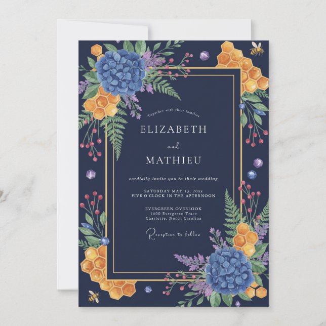 Invitation Mariage Hydrangea Eucalyptus Moutarde de Minuit (Devant)