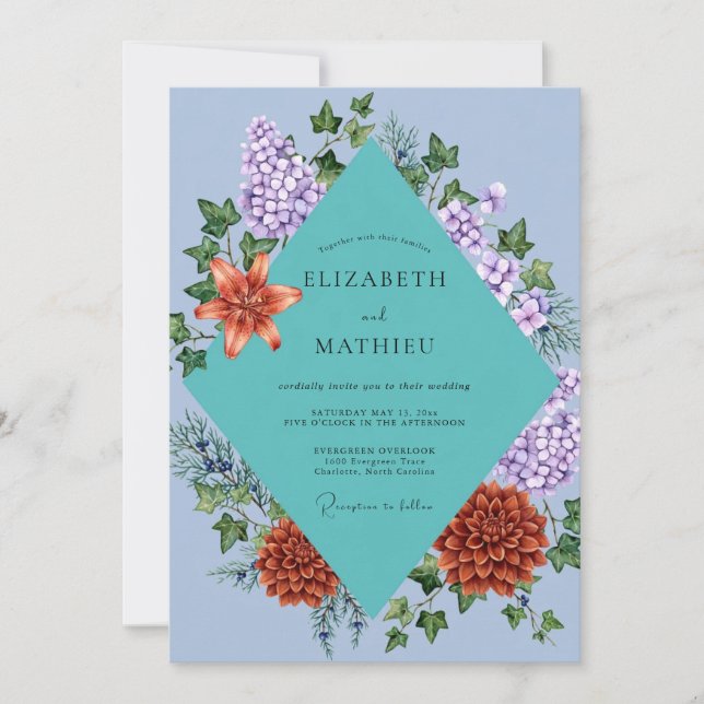 Invitation Mariage Hydrangea Eucalyptus Orange Pervenche (Devant)