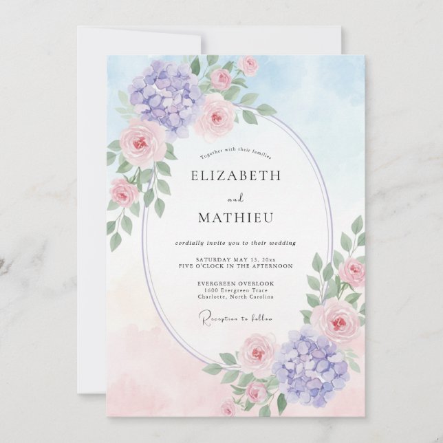 Invitation Mariage Hydrangea Eucalyptus Rose Pervenche (Devant)