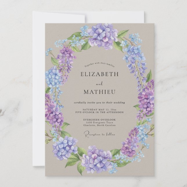 Invitation Mariage Hydrangea Lilas Pervenche Eucalyptus (Devant)
