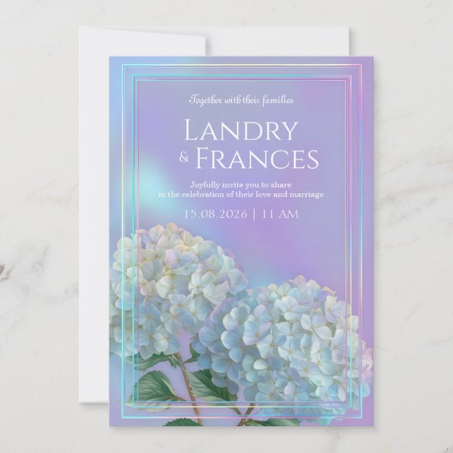 Invitation Mariage Hydrangea Linéaire Lavande Holographique (Devant)