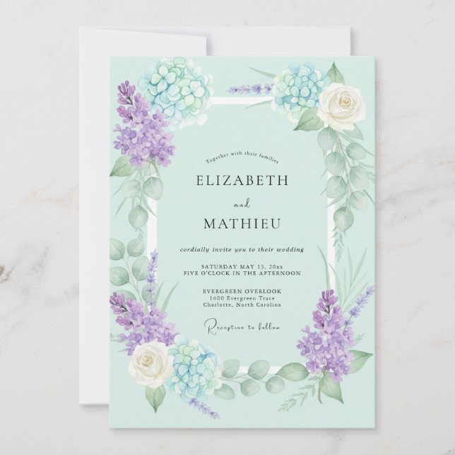 Invitation Mariage Hydrangea Mauve Pervenche Eucalyptus (Devant)