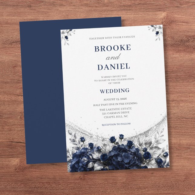 Invitation Mariage Hydrangea Navy Raffiné Argent Pailleté (Créateur téléchargé)