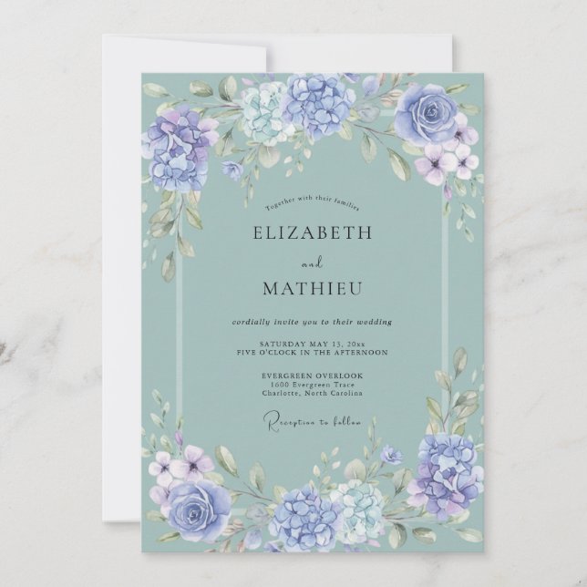 Invitation Mariage Hydrangea Orné Vert Sauge (Devant)