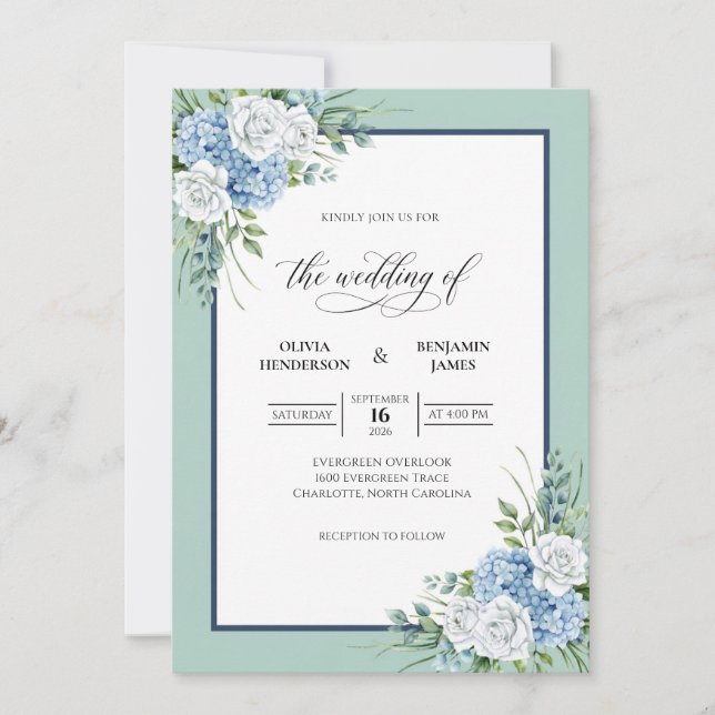 Invitation Mariage Hydrangea Pervenche Menthe Eucalyptus Gris (Devant)