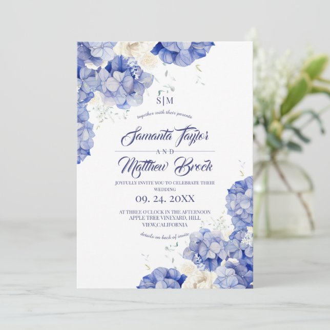 Invitation Mariage Hydrangea Poussiéreux Bleu Tout en Un (Debout devant)