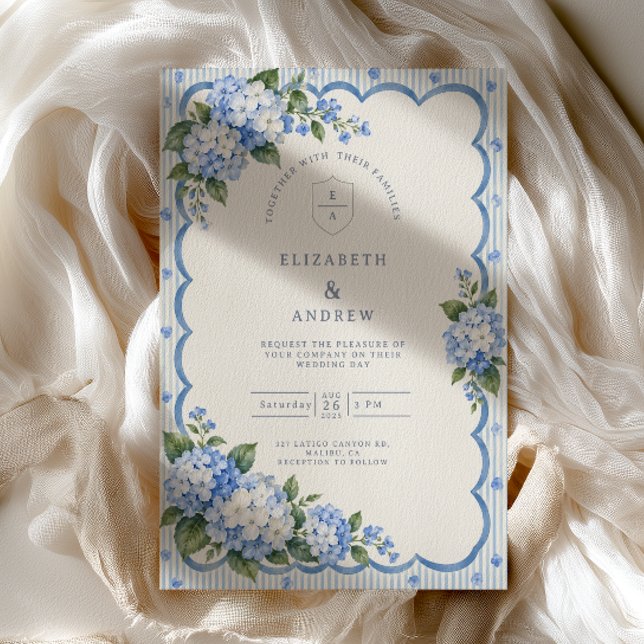 Invitation Mariage Hydrangea Rayée à Bordure Ondulée (Créateur téléchargé)