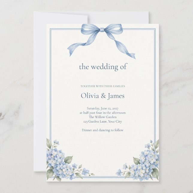 Invitation Mariage Hydrangea Ruban Bleu Poussiéreux (Devant)