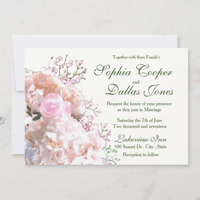 Invitation Mariage hydrangeas blancs romantiques roses roses (Devant)
